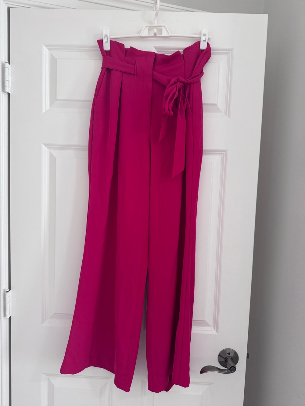 Express Bright Fuchsia Paper Bag High-Waist Wide Leg Pants with Tie Belt